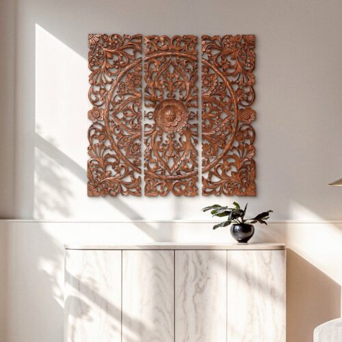 Hand Carved Teak Wall Art - Lotus Mandala