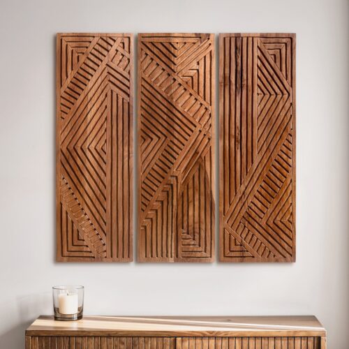 Hand Carved Teak Wall Art - Geometric Echo