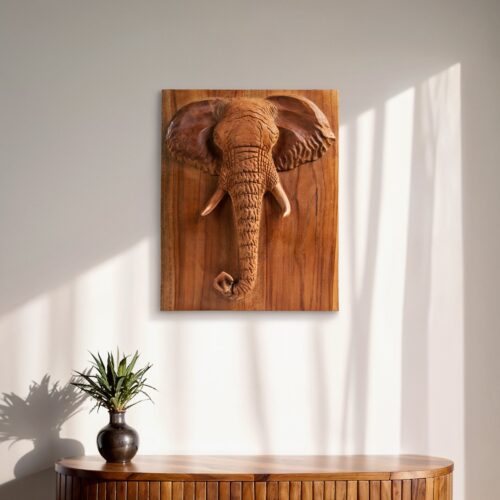 Hand Carved Teak Wall Art - Elephant